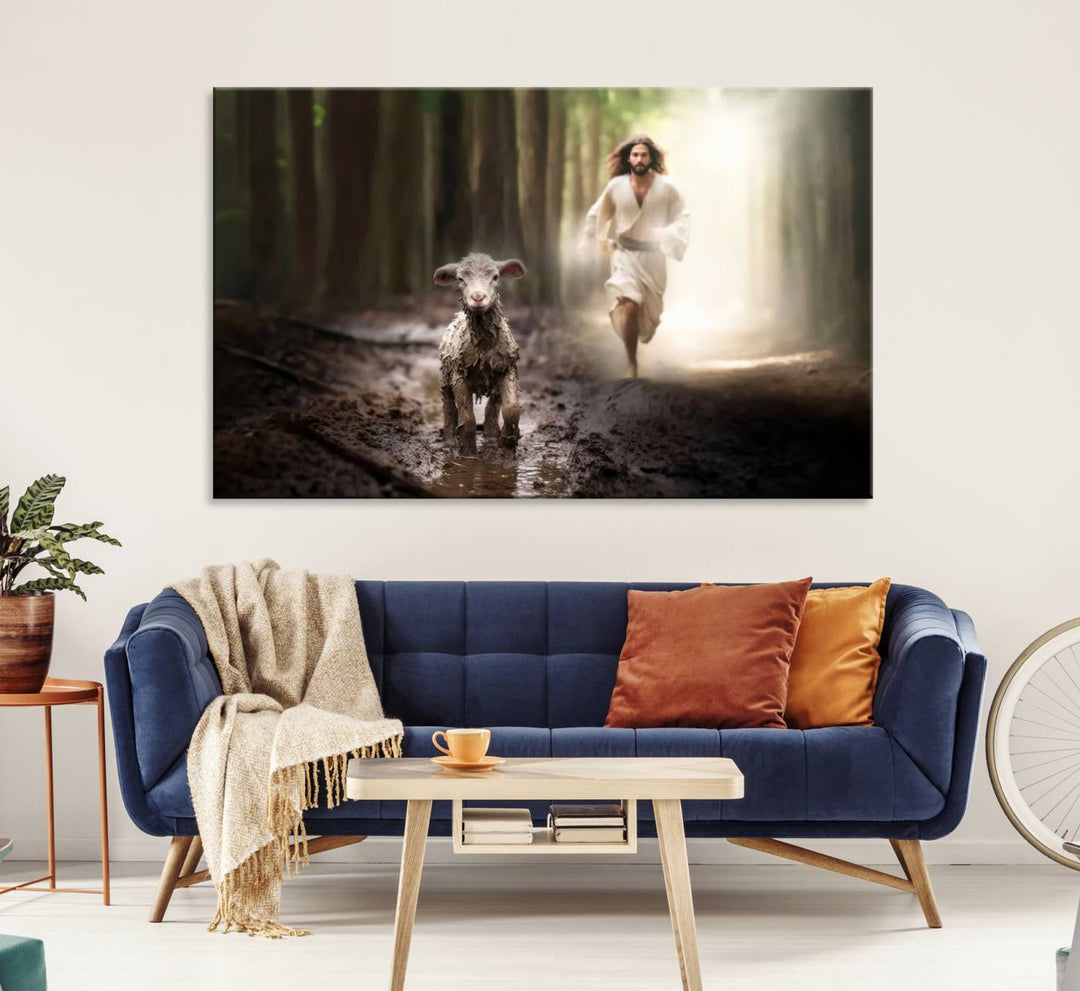 The Jesus Running After Lost Lamb canvas wall art adds a touch of spiritual significance.