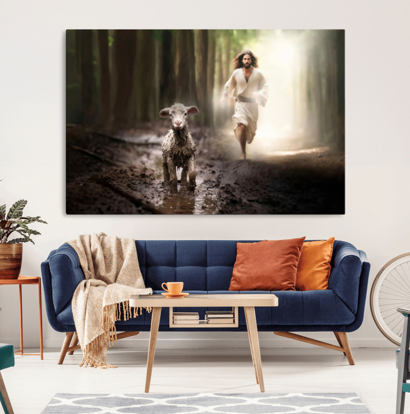 MGV-CV-36X24 - Jesus Canvas Wall Art - Jesus Running After Lost Lamb, Jesus, Christian Home Decor - Church Wall Art