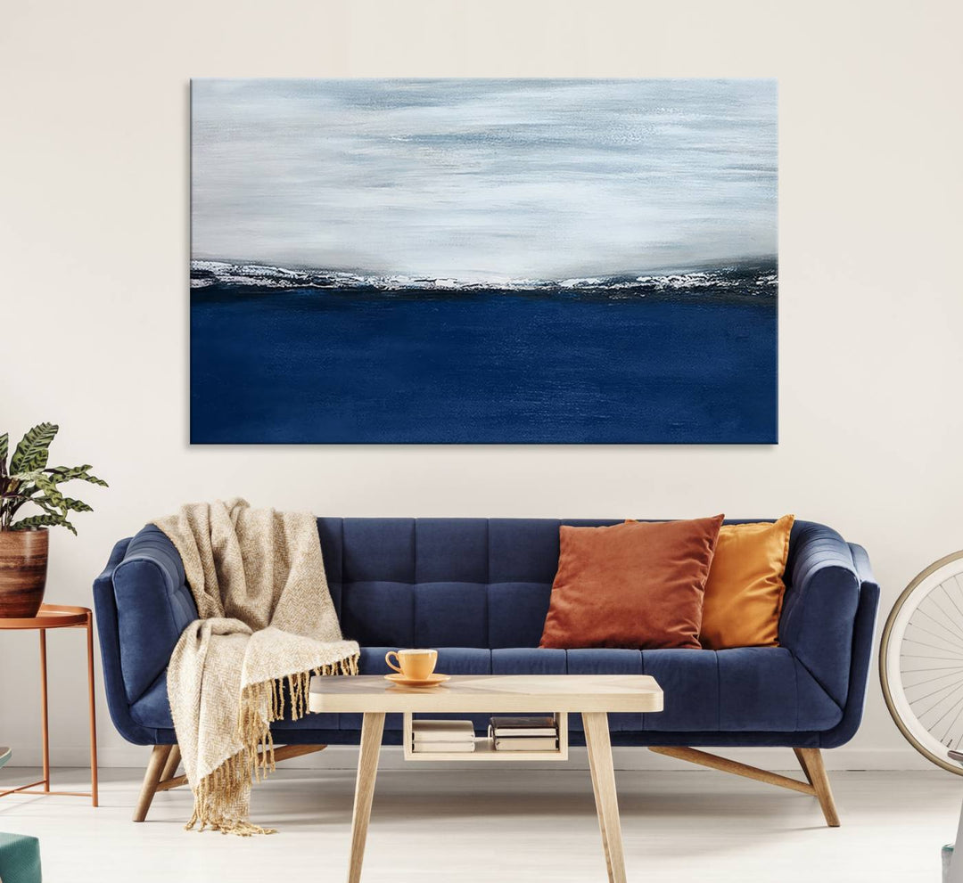 A Navy Blue Abstract Wall Art Canvas Print is displayed above the backsplash.