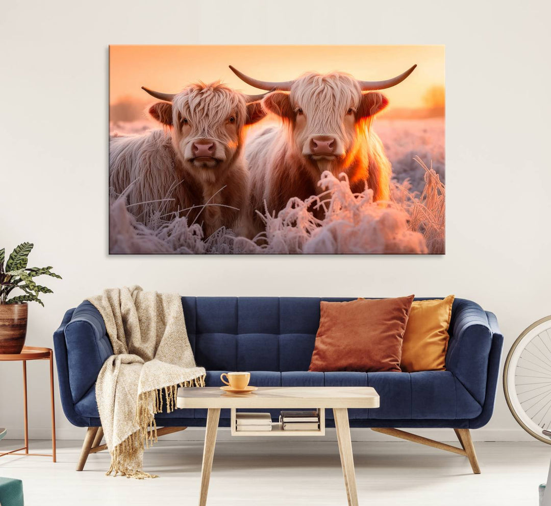 Highland Cows at Sunrise Wall Art adds serene rustic farmhouse charm.