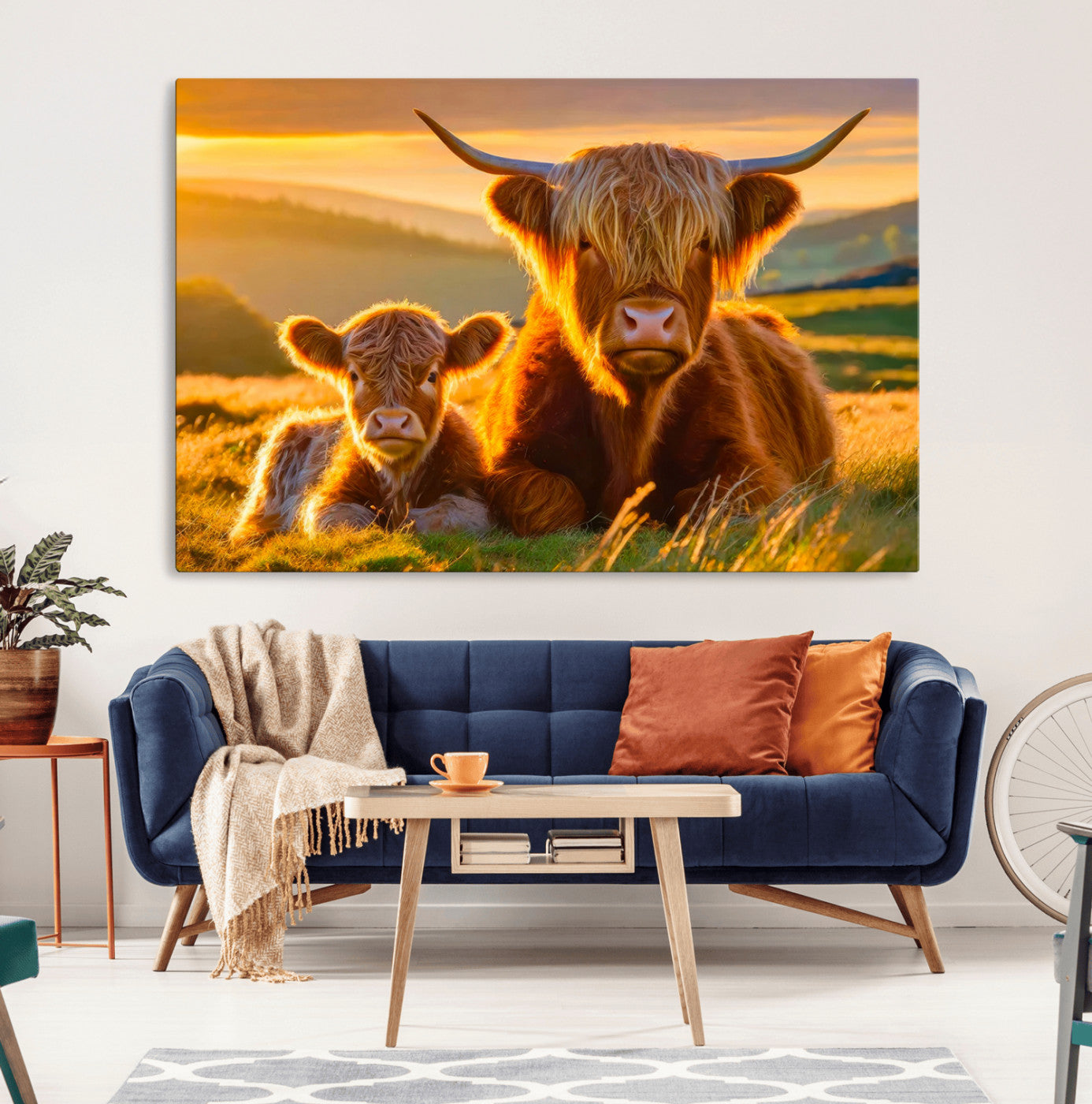 -Scottish Cow and Baby Cow Canvas Wall Art Animal Print Fluffy Cattle Framed Farmhouse Decor