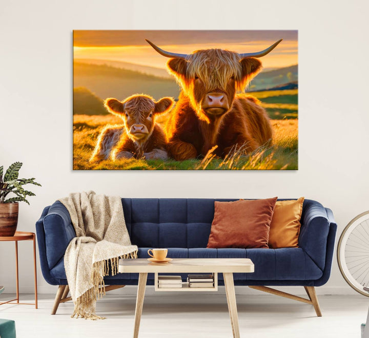 The Scottish Cow and Baby Cow Canvas Wall Art captures sunset fields.