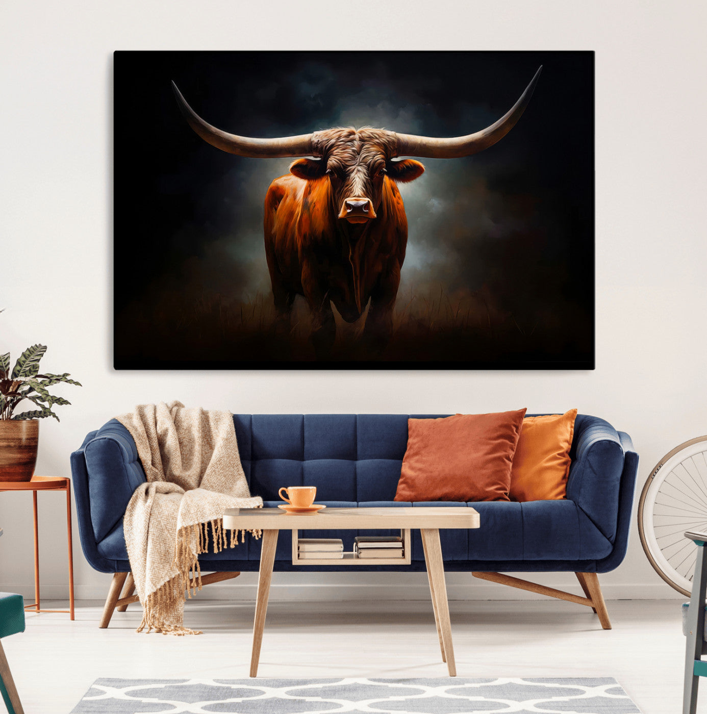 48896-MGV-CV-36X24-Abstract Texas Longhorn Wall Art Print | 3-Panel Large Texas Longhorn Canvas Print for Living Room,