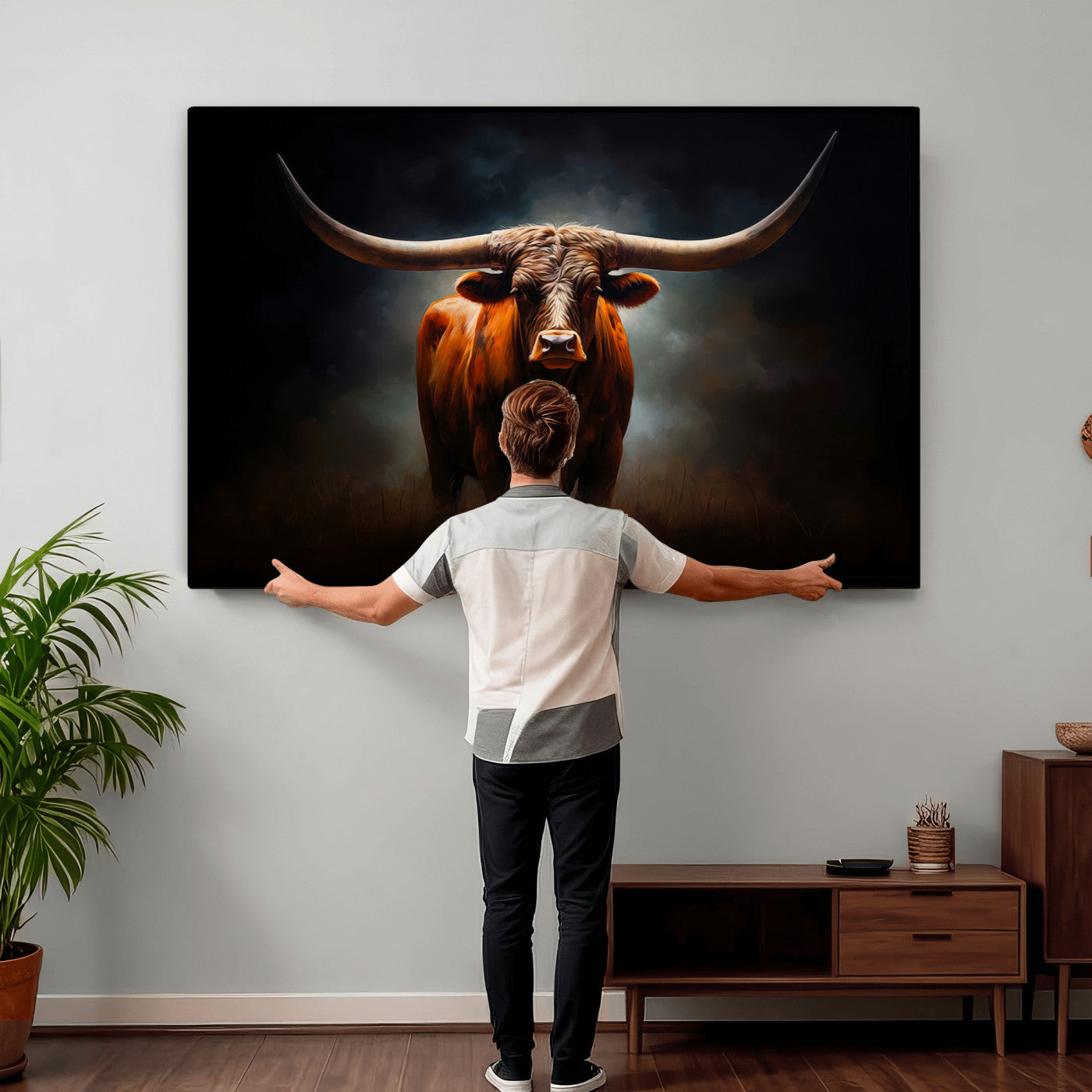 48896-MGV-CV-36X24 - Abstract Texas Longhorn Wall Art Print | 3-Panel Large Texas Longhorn Canvas Print for Living Room,