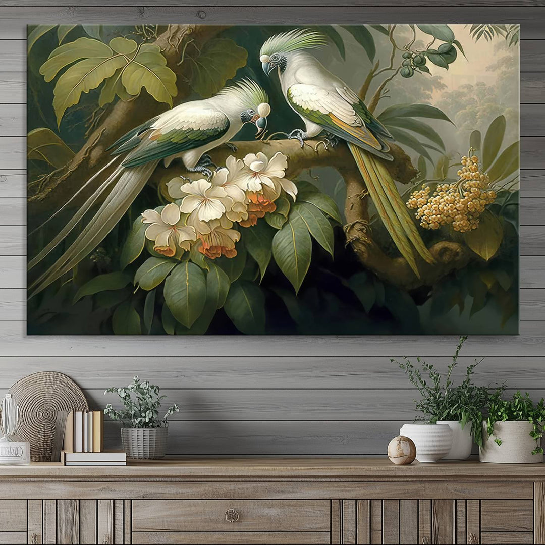 The Tropical Paradise Wall Art features a parrot in a lush forest.