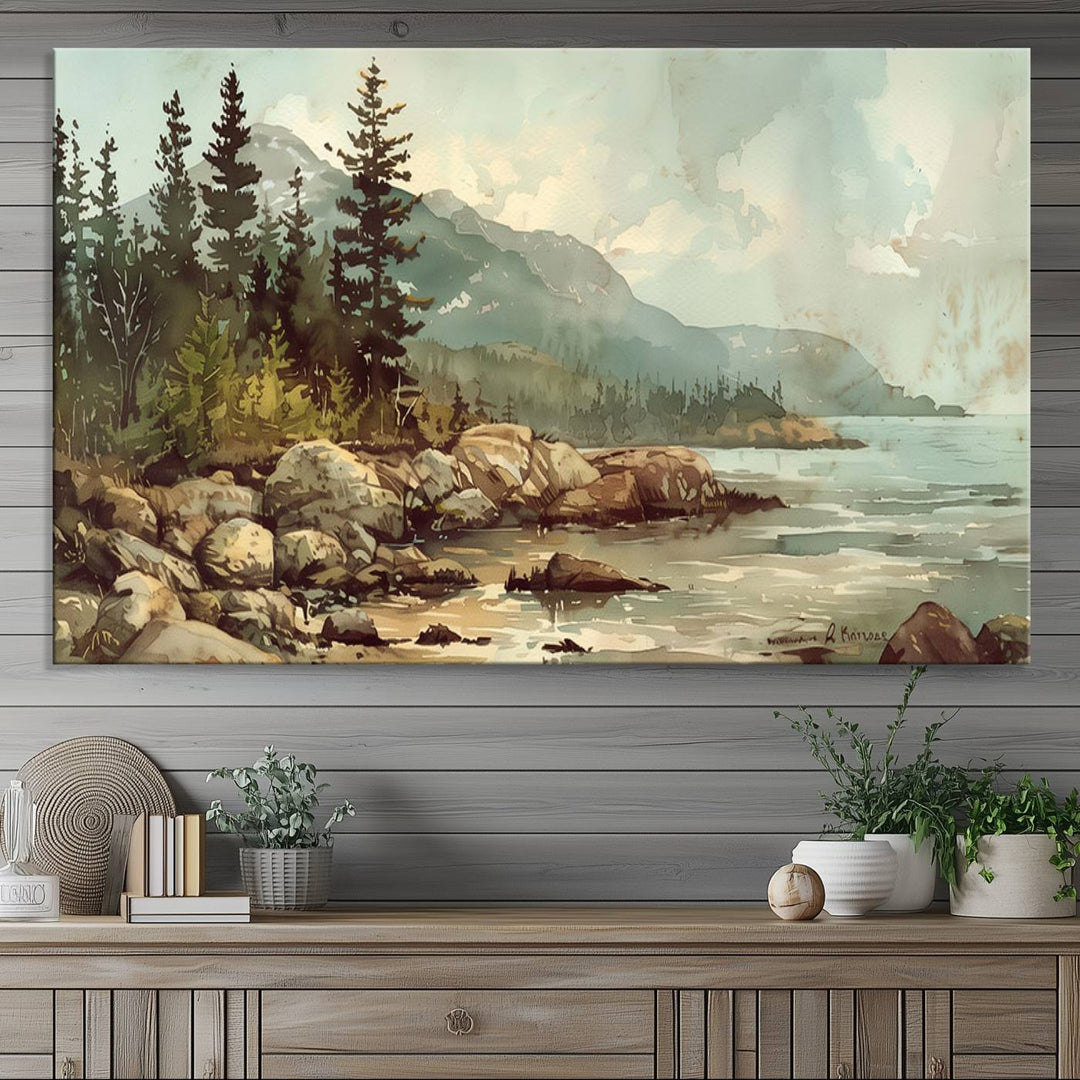 Framed Abstract Acadia National Park wall art, depicting a rocky coastline with trees and mountains, ready to hang.