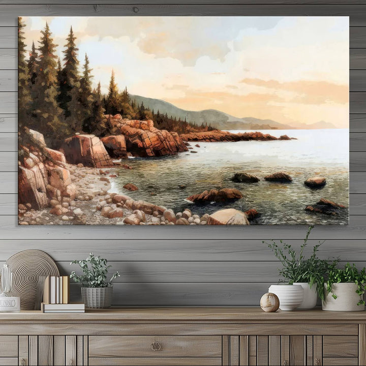 The Serene Coastal View of Acadia National Park 3-panel canvas, framed and ready to hang, adorns the wall.