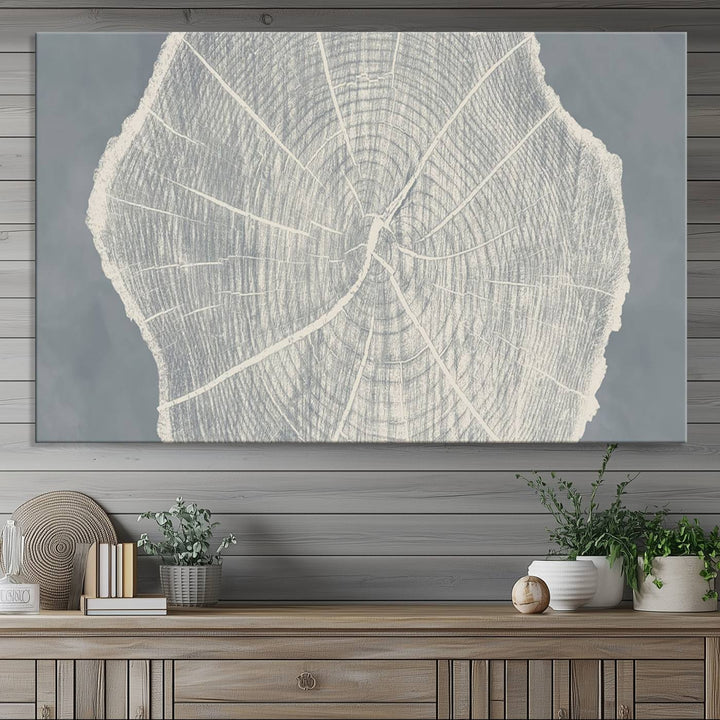 A gray wall displays the Abstract Tree Ring Wall Art print.