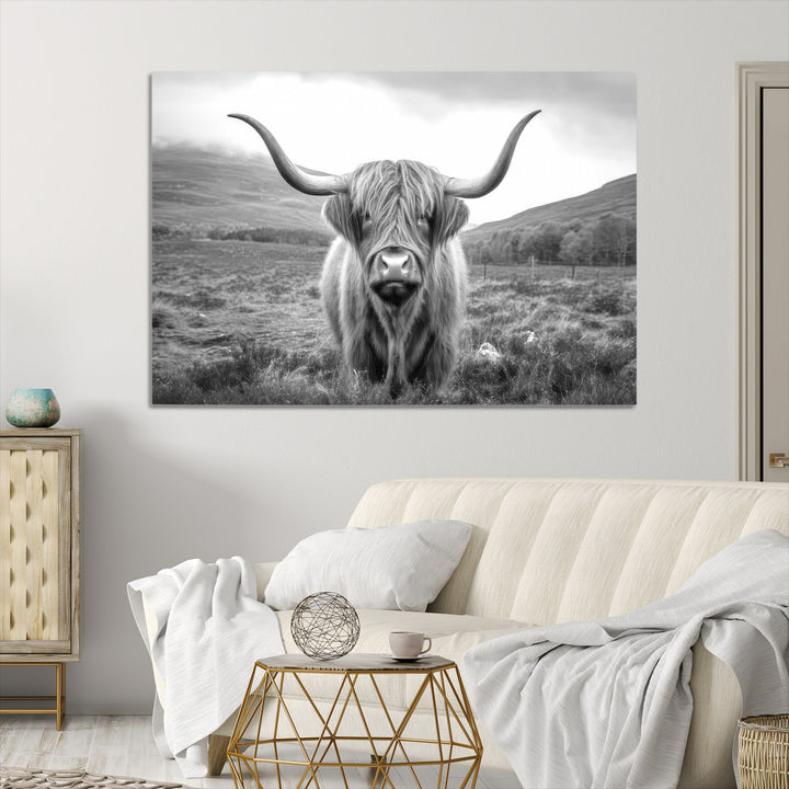 Black White Scottish Highland Cow Canvas Farm Wall Art Canvas Print