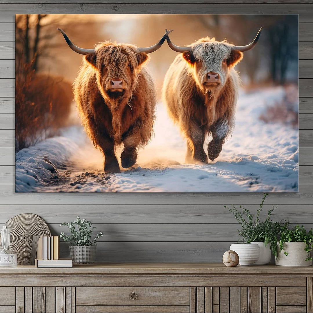 The wall art is a Scottish Highland Cow Horn canvas print featuring cows on a snowy path bathed in warm sunlight, serving as a rustic decor piece.