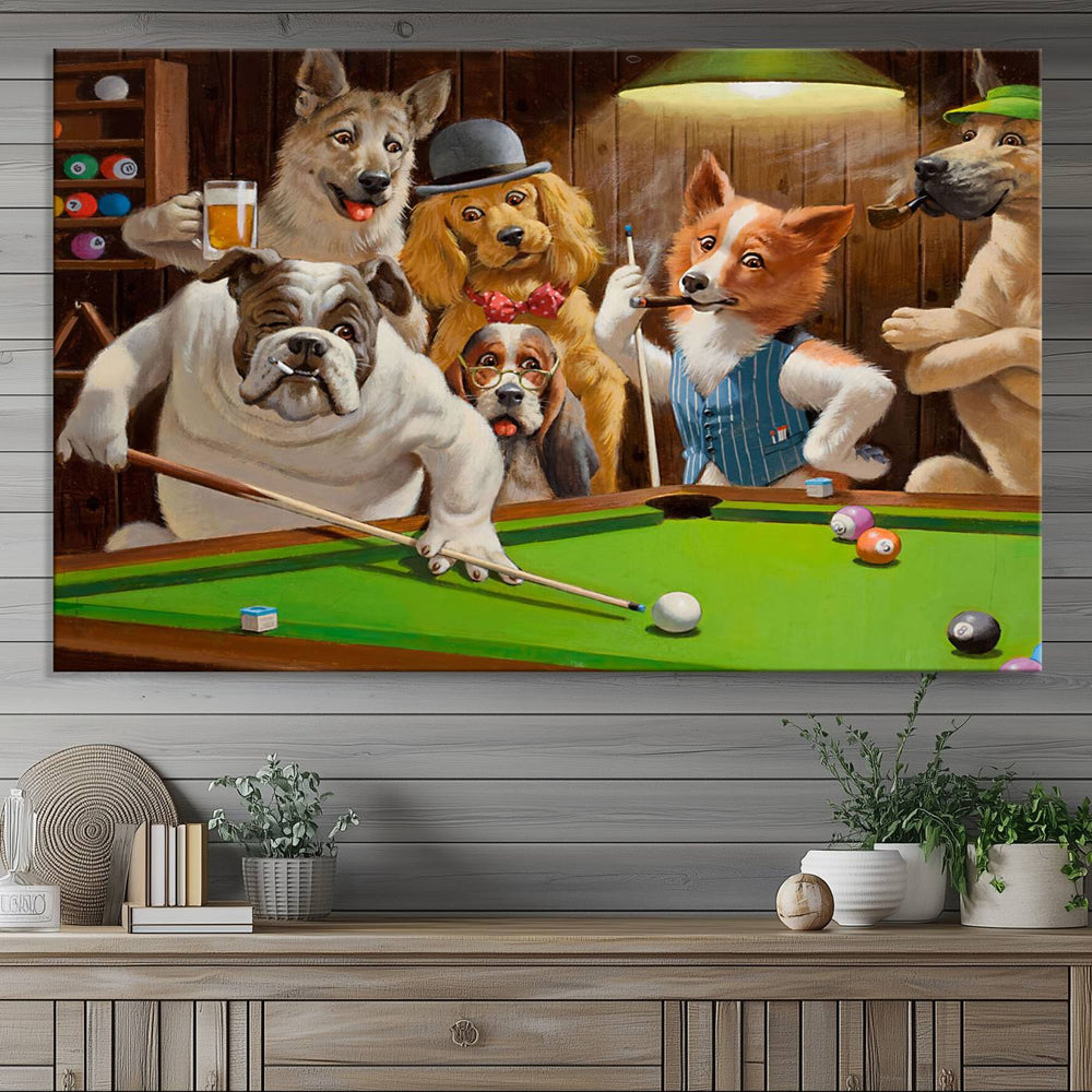 Dogs Playing Pool Canvas Wall Art: This artwork depicts a room where dogs are engaged in a game of pool. One dog is poised to cue while others observe the scene.