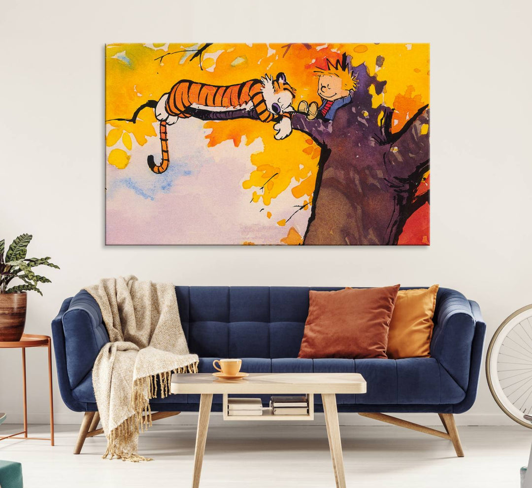 Premium canvas Calvin Wall Arts featuring a boy and tiger relaxing on a branch.