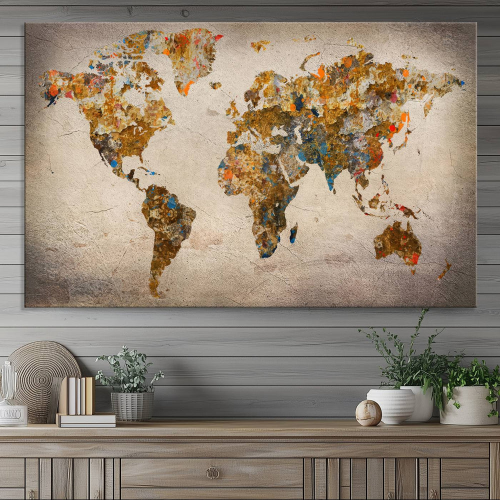 The Vintage World Map Canvas in rustic grunge texture hangs prominently on the wall.