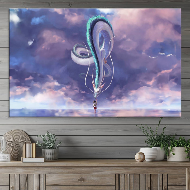 The Spirited Away Haku and Chihiro poster captures a cherished scene for anime lovers under a colorful, cloudy sky.