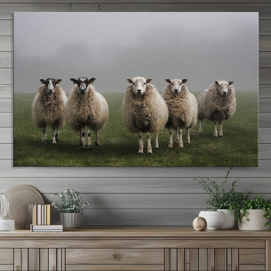 The Flock of Sheep in a Mystical Fog canvas print is framed and ready to hang.