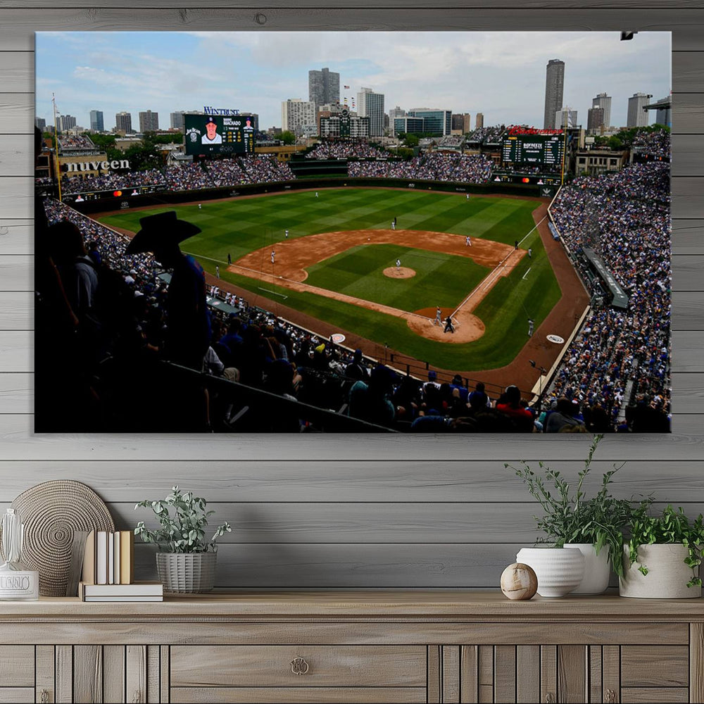 Admire this museum-quality canvas print of a Chicago Cubs game with a cityscape view from the stands at Wrigley Field.