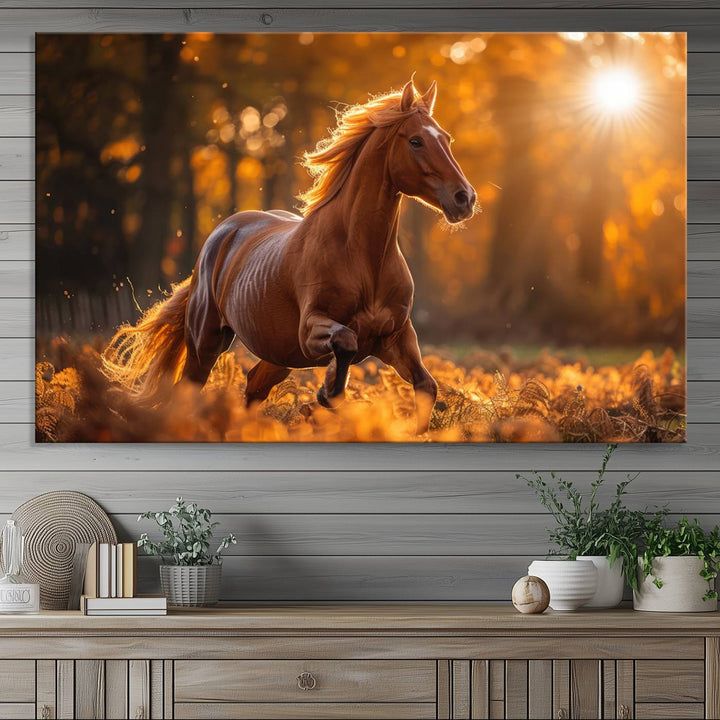 The Running Horse Sunset Forest Wall Art Canvas Print showcases a gallop in an autumn forest with sunlight streaming through the trees.