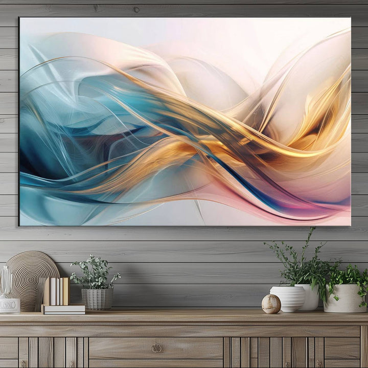 Abstract Flowing Colors Wall Art featuring blue, gold, and pink adds modern elegance to the space.