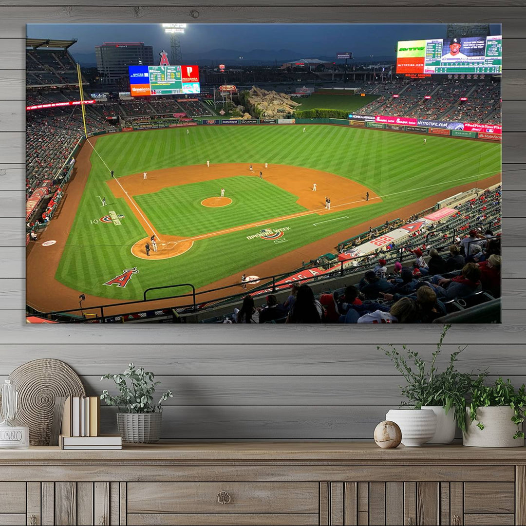 The Angel Stadium Aerial View canvas print of an Angels baseball game is showcased.