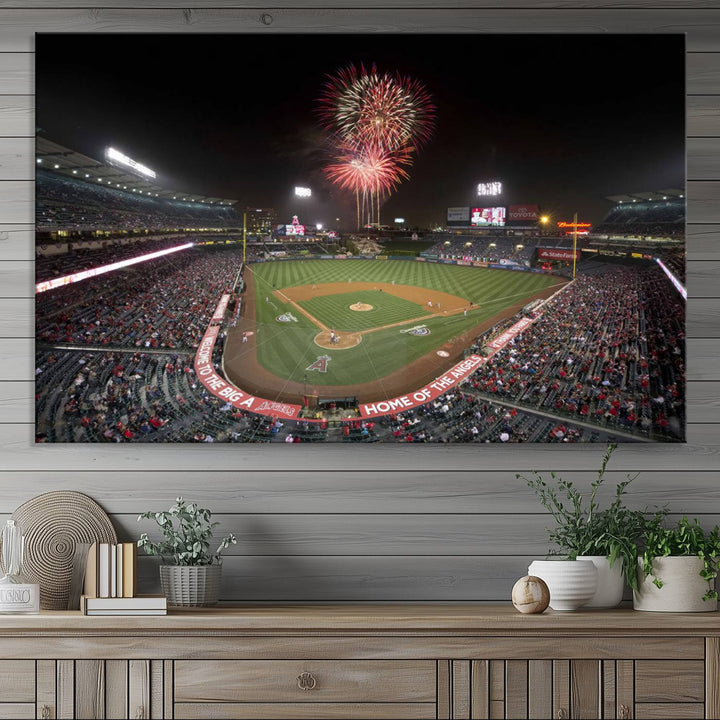 Fireworks at Angel Stadium – LA Angels Night Game Canvas Print, framed and ready to hang.