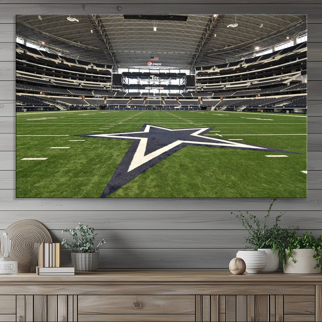 AT&T Stadium Dallas Cowboys Canvas Print displayed above a dining table.