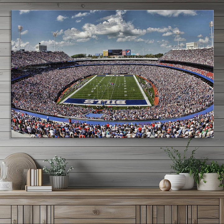 Our Buffalo Bills Game Day Canvas captures a vibrant scene at Highmark Stadium, with a lively crowd under a partly cloudy sky.