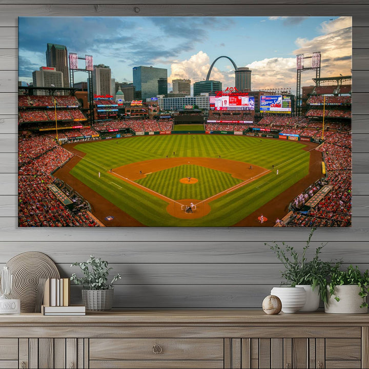 A Busch Stadium canvas print featuring a cityscape, ideal for enhancing living room or man cave sports decor.