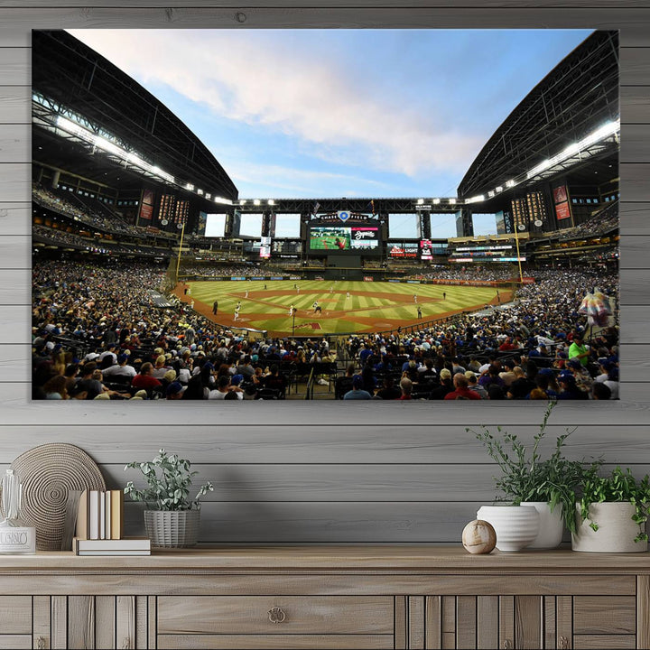 The wall art is an Arizona Diamondbacks Baseball Print depicting a packed Chase Field Stadium under a clear blue sky.