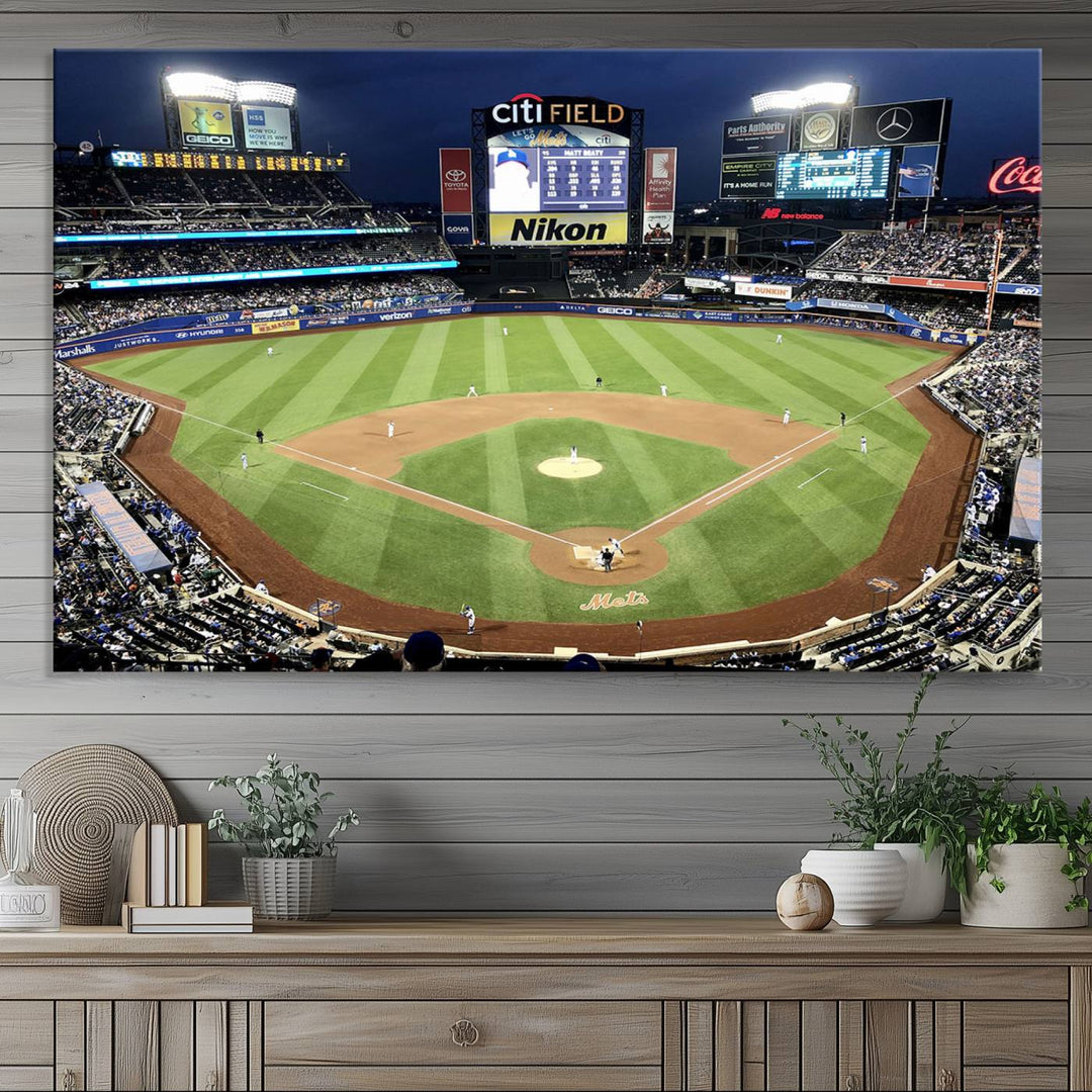 The wall is adorned with a 3-panel Citi Field Wall Art Print, framed for sports-themed decor.