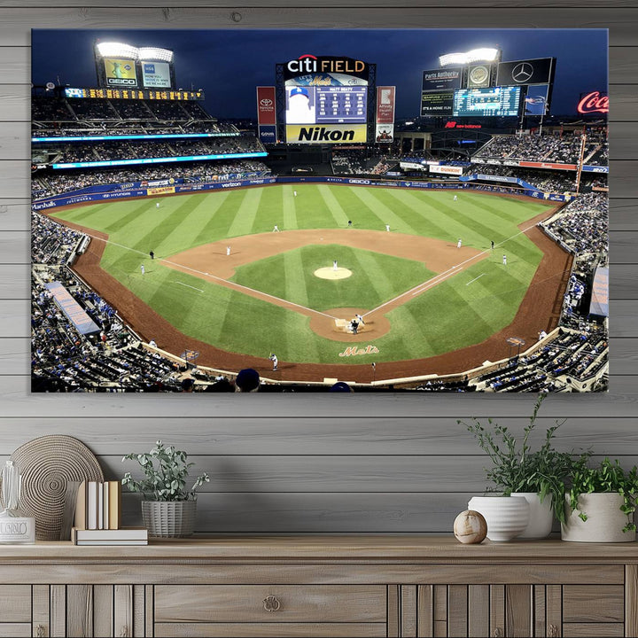 The wall is adorned with a 3-panel Citi Field Wall Art Print, framed for sports-themed decor.