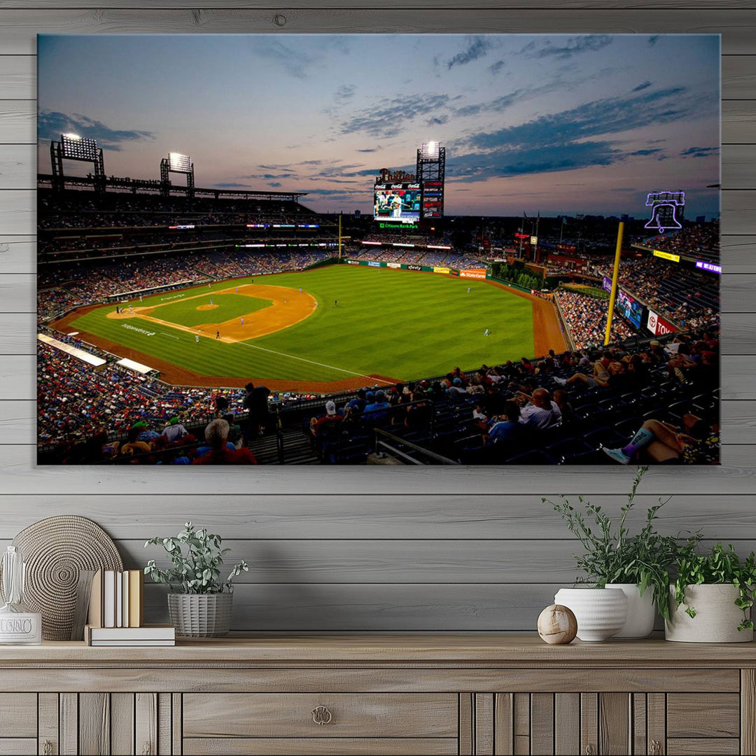 A wall art piece depicting the Philadelphia Phillies Citizens Bank Park Stadium at dusk.