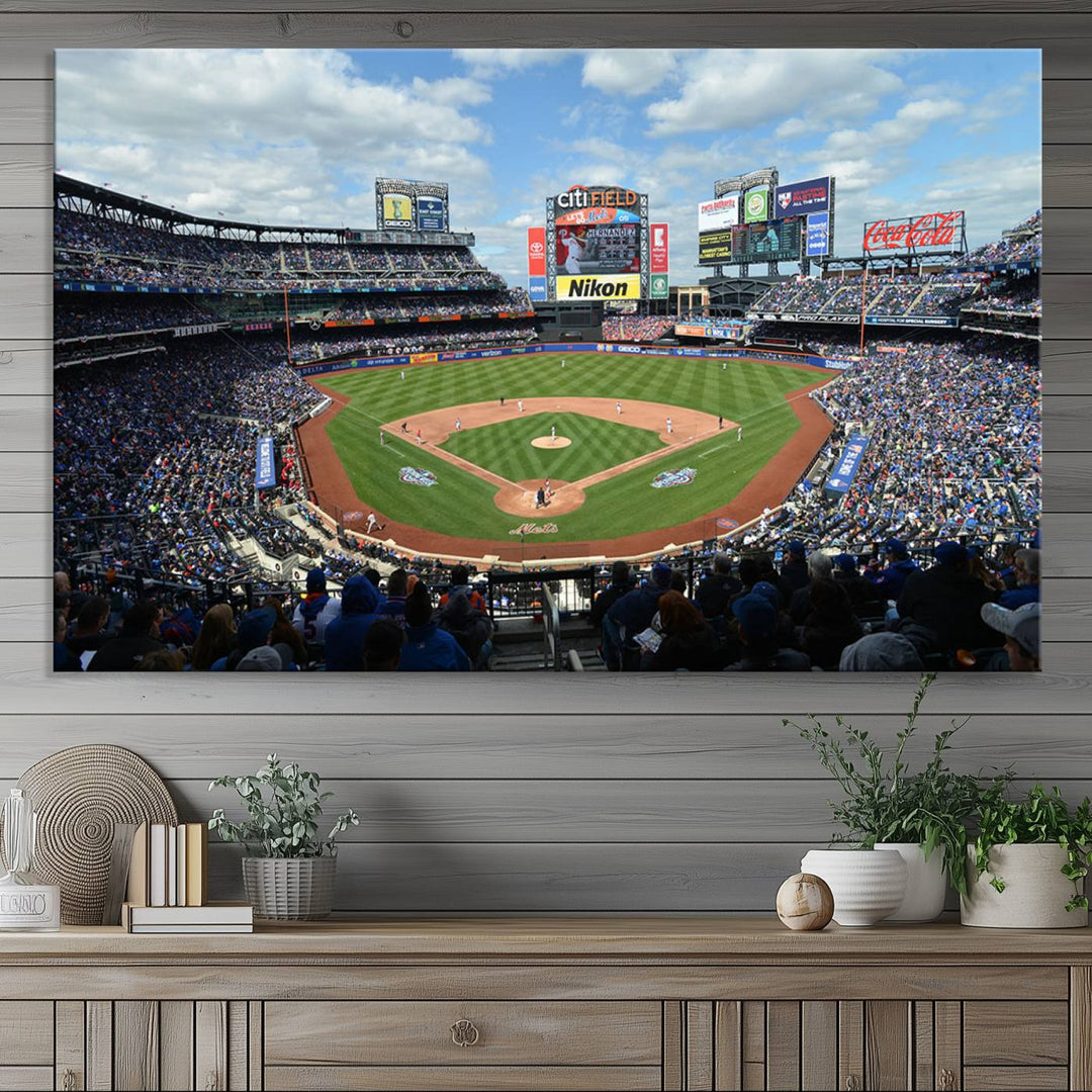 A wall art piece featuring a New York Mets Baseball Team print of Citi Field during a thrilling game under a blue sky.