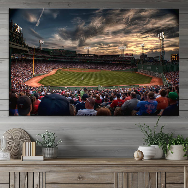 Boston Red Sox canvas print of Fenway Park at sunset, ideal for sports fans.