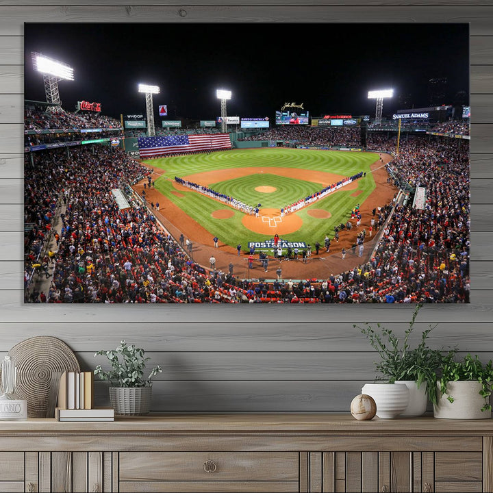 The Fenway Park Wall Art Canvas Print showcases a stunning aerial view of Bostons iconic ballpark at night, making it an ideal piece for any Red Sox enthusiast.