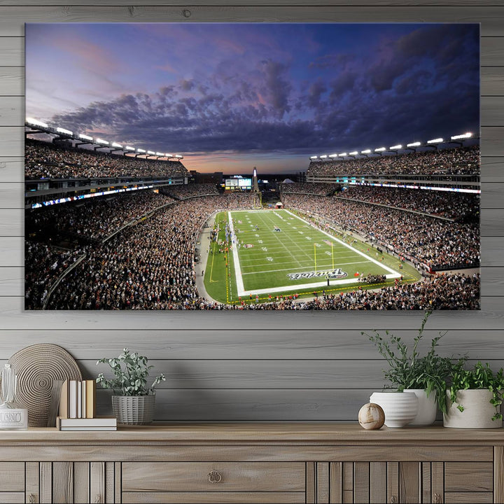 A large New England Patriots Foxborough Gillette Stadium wall art canvas print at sunset.