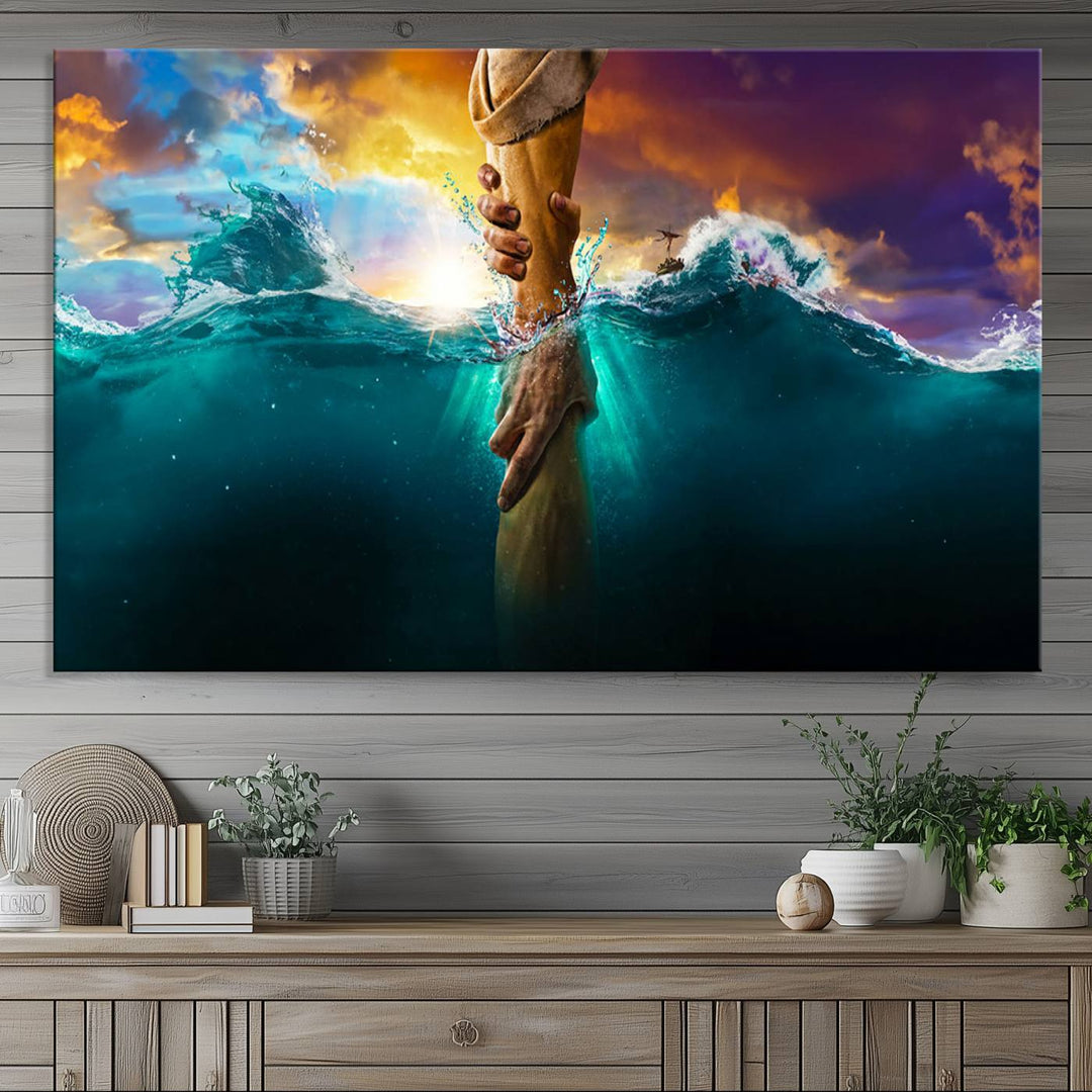 The God Hand Wall Art Canvas Print depicts hands reaching through water against a vibrant sky.