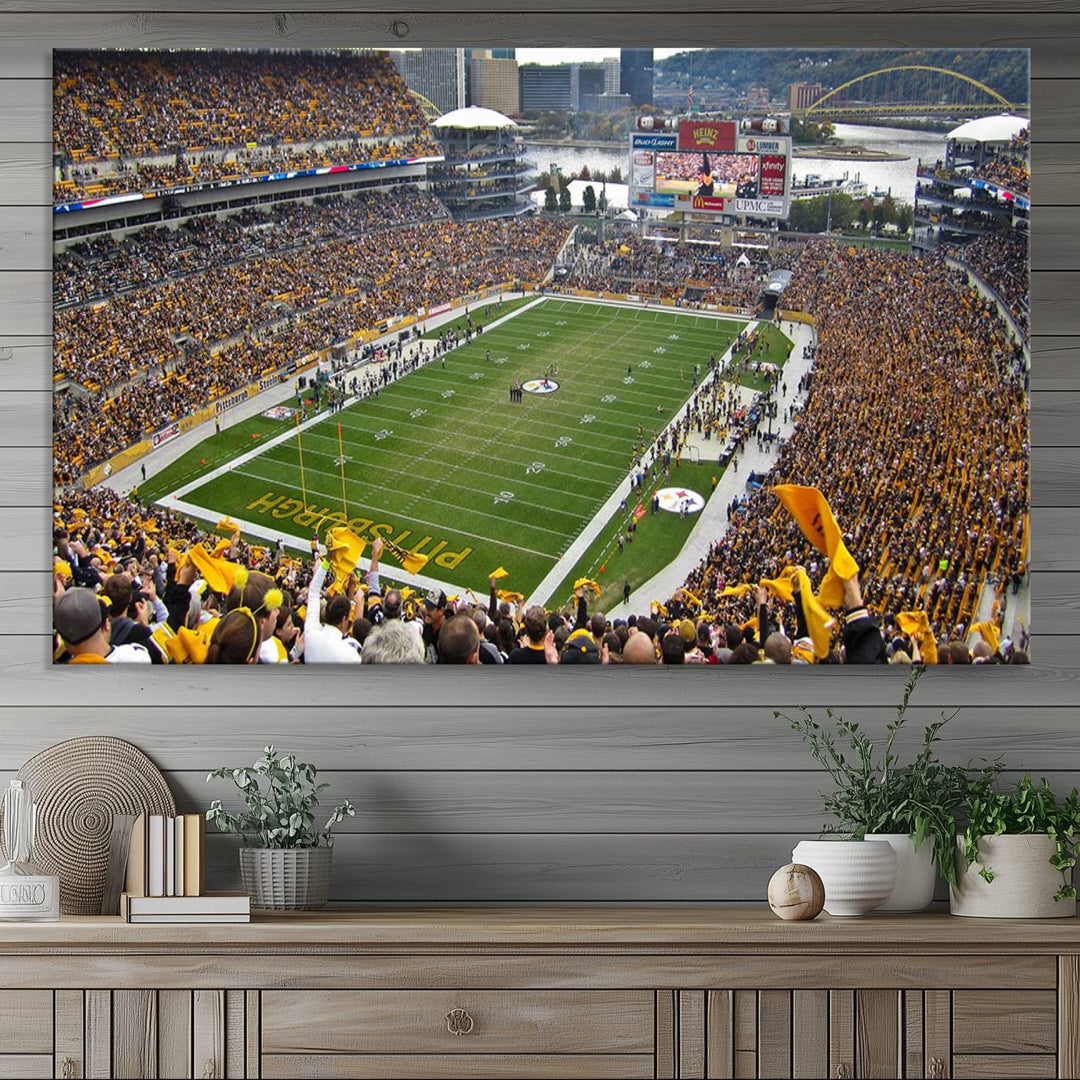 Heinz Field wall art and a cityscape serve as the backdrop.