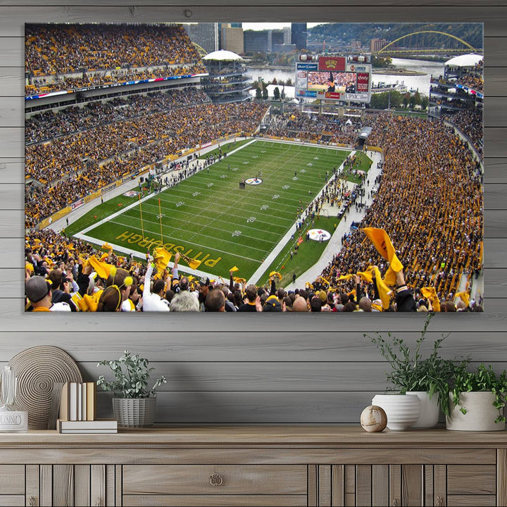 Heinz Field wall art and a cityscape serve as the backdrop.