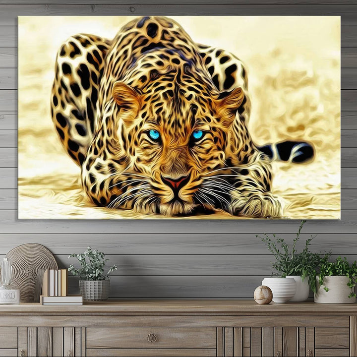 The Blue-Eyed Leopard Canvas Wall Art features a fierce and captivating design, perfect for wildlife enthusiasts. Its bold imagery makes it a striking decor piece, ready to hang.