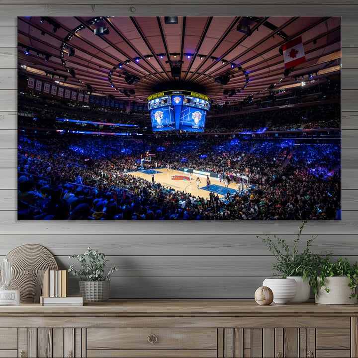 A print depicting an NBA game at Madison Square Garden, highlighting the scoreboard.