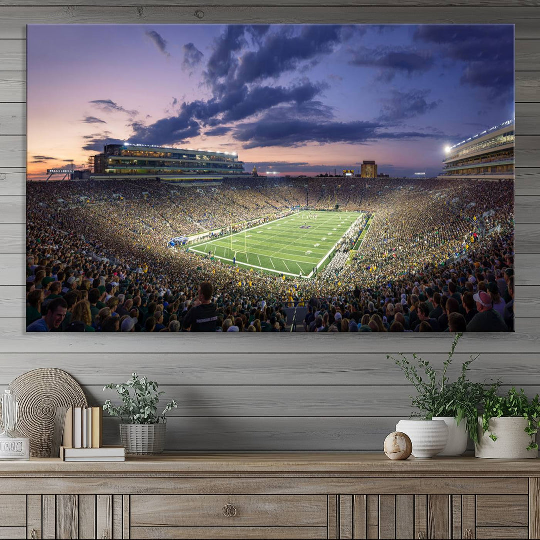 As the sun sets, a stunning backdrop highlights the Notre Dame Fighting Irish Football Team Print.