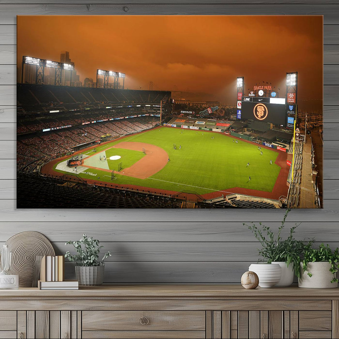 A canvas depicting an Oracle Park game with an orange sky, from SF Giants Stadium Wall Art.