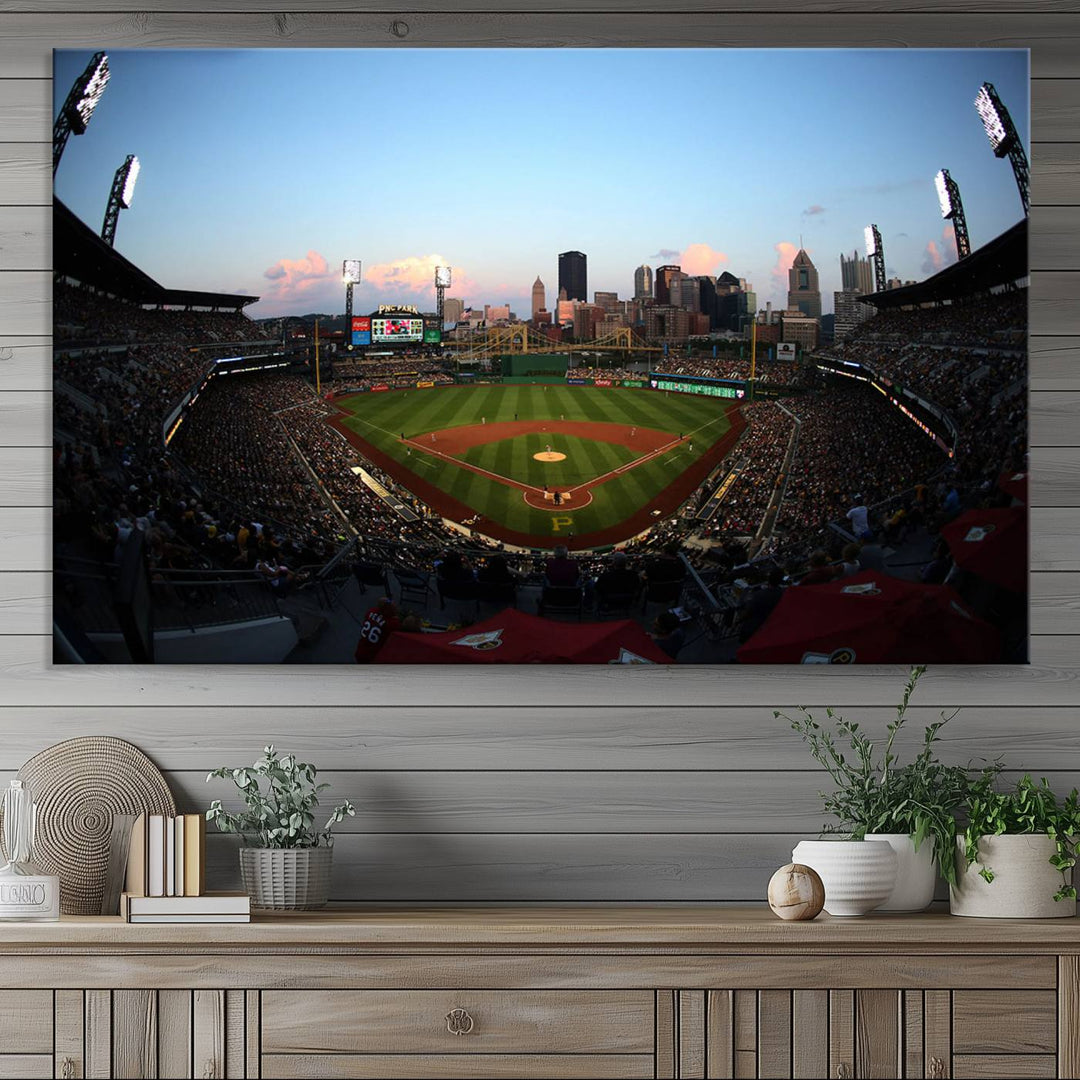 The PNC Park Evening Game Canvas, featuring a skyline backdrop, is displayed on the wall.