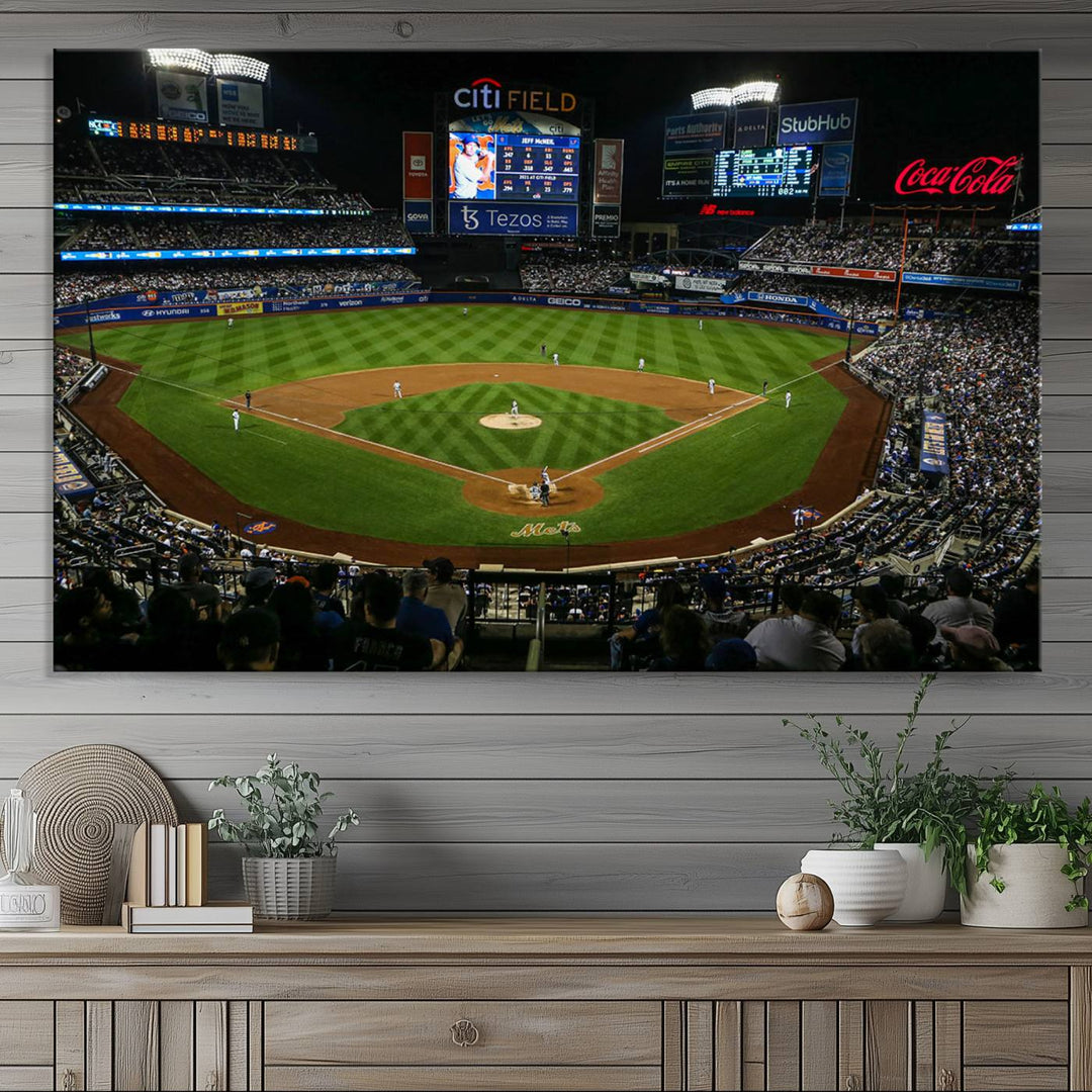 A print of the Oakland Athletics game at RingCentral Coliseum hangs on the wall.