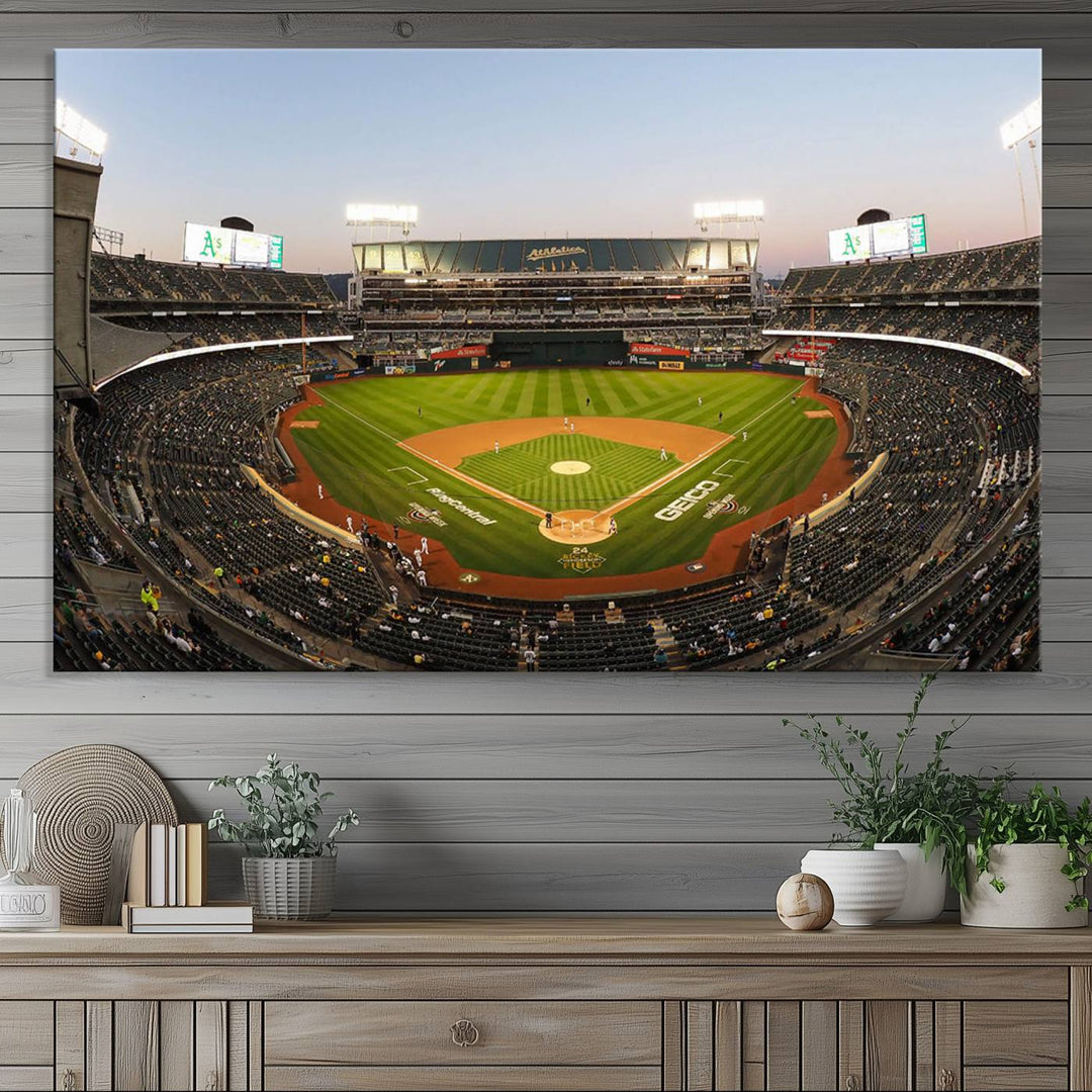 Oakland Athletics wall art canvas featuring the interior of RingCentral Coliseum Stadium.