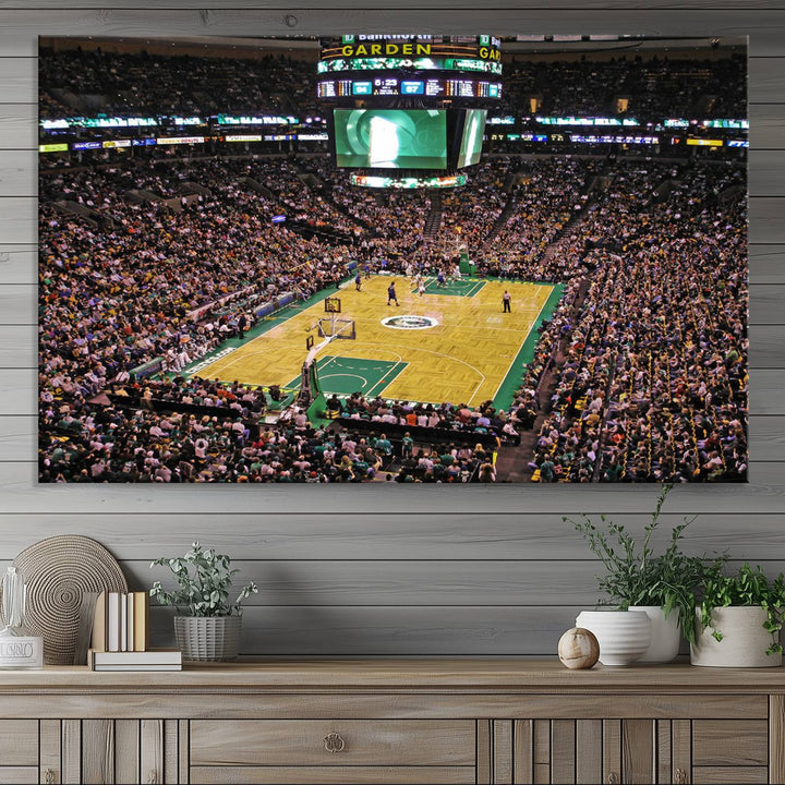 A vibrant depiction of a TD Garden basketball game is beautifully captured in the Boston Celtics Triple Canvas Wall Art, which comes framed and ready to hang.