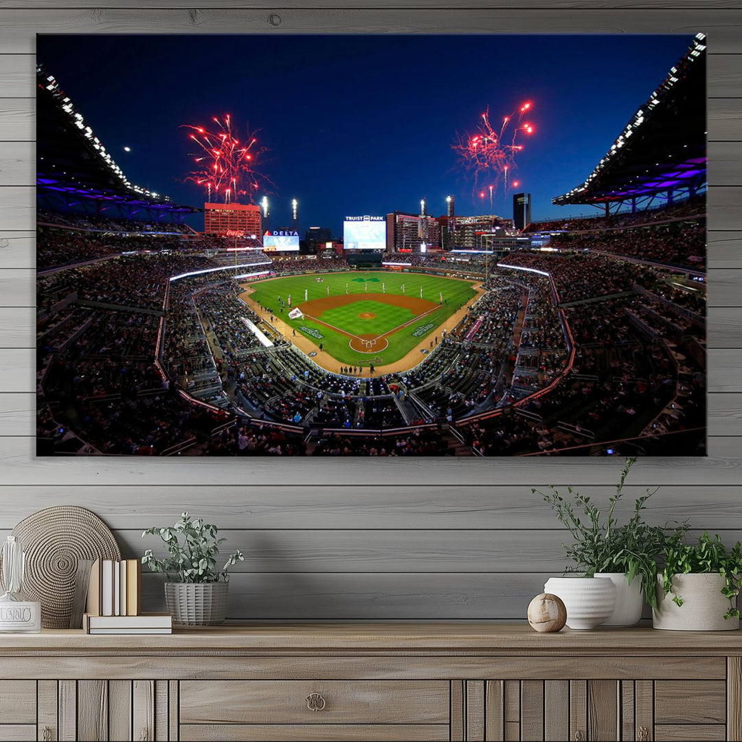 Truist Park wall art: fireworks over a Braves crowd, a large 3-panel canvas, framed and ready-to-hang.