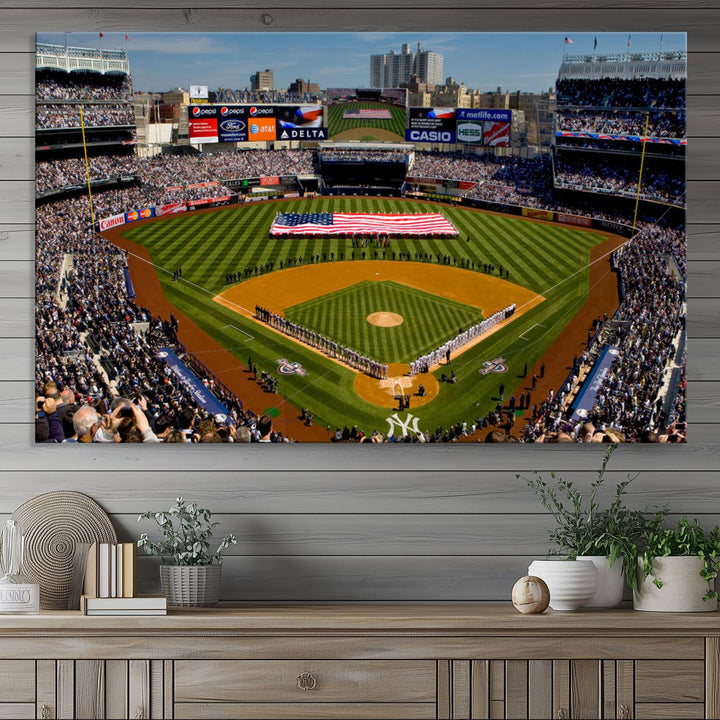 The Yankee Stadium New York wall art print features a vibrant scene of baseball fans with a large flag and players, expertly capturing the spirit of the game. This ready-to-hang décor is perfect for adding a dynamic touch to any space.