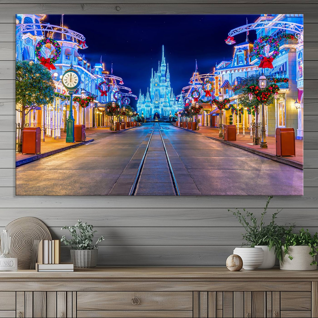 Disney wall art featuring a fantasy castle street at night.