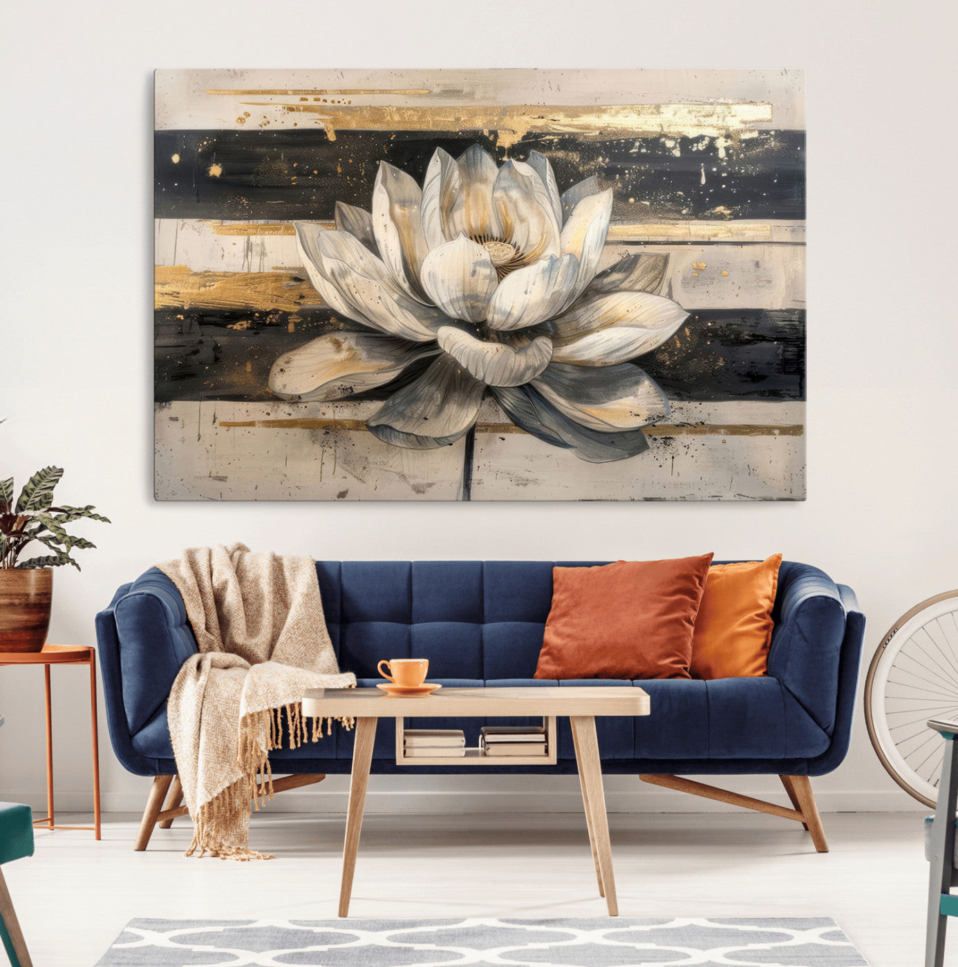 18807-MGV-CV-36X24-Lotus Flower Wall Art – Framed Abstract Floral Canvas Artwork, White Bloom Design, Modern Nature Decor for Home, Office
